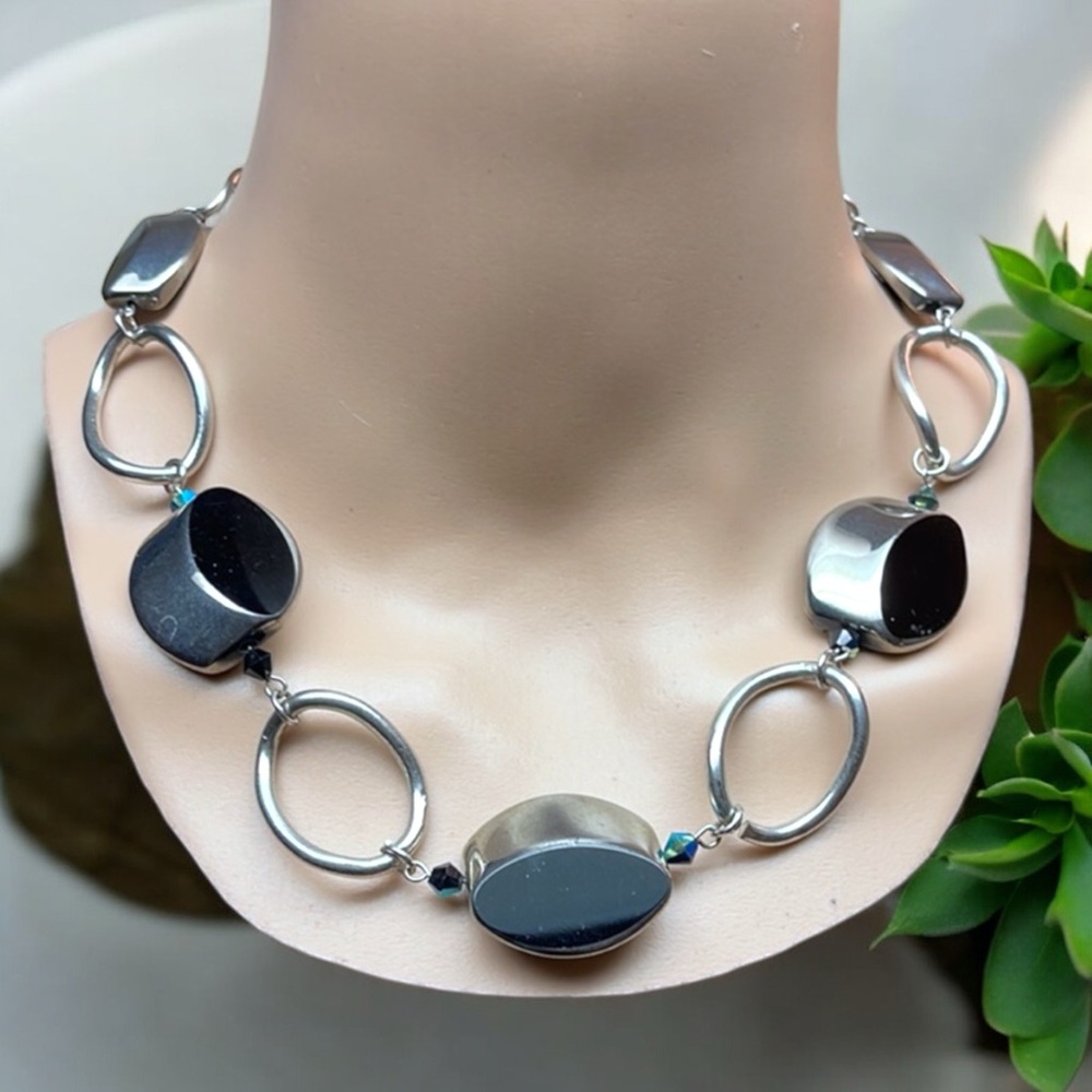 Silver and Black Choker Necklace and Earrings Set with Black Iridescent Spacers